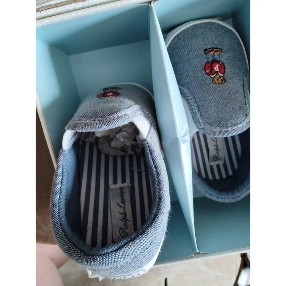 New in box Infant Baby Ralph Lauren Denim Carlee Bear Shoes US Sz 4 Length 13 cm